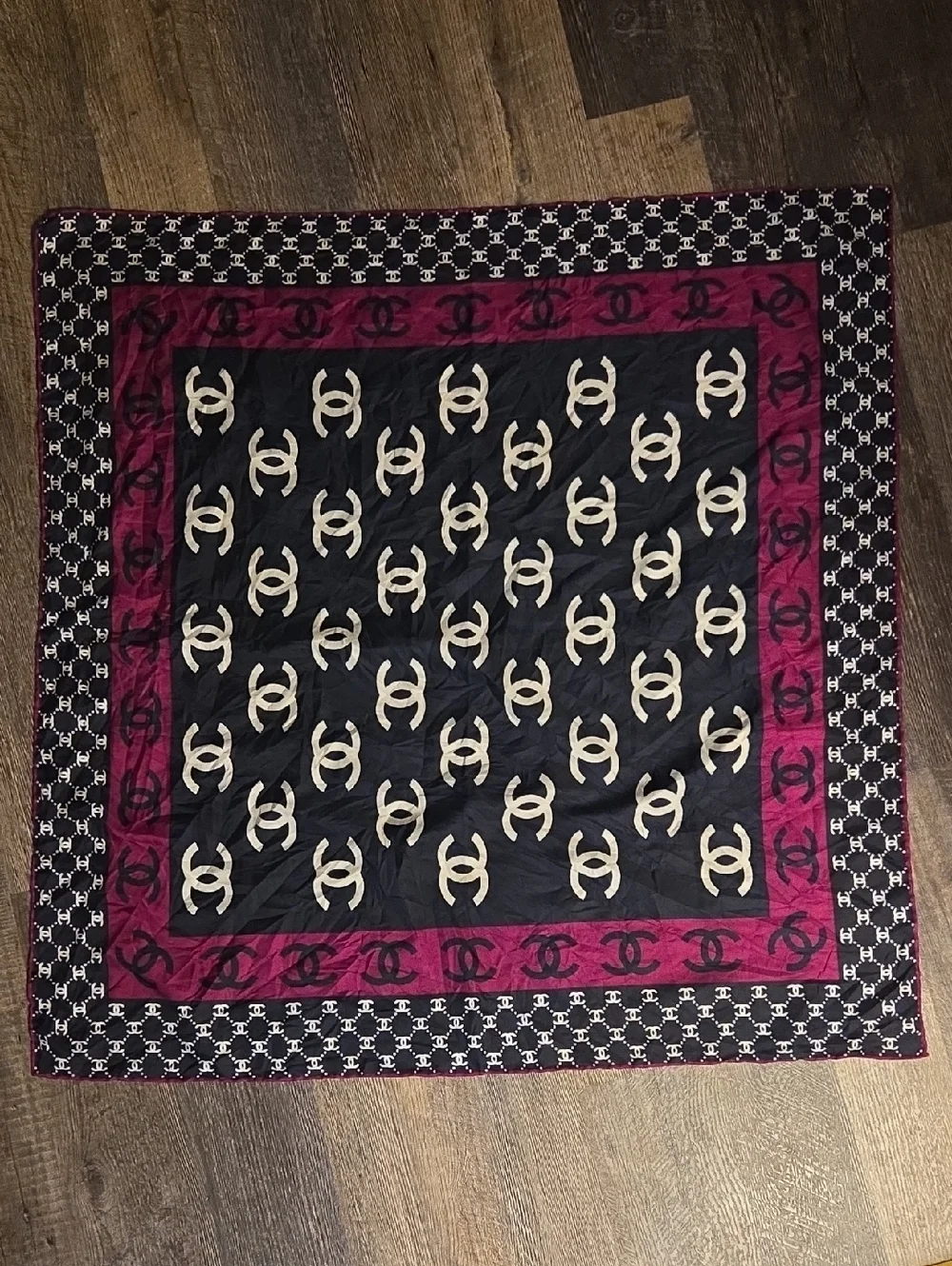 Chanel CC Monogram Navy Blue, White, Purple Silk Scarf 34x34 Inches - Picture 1 of 17